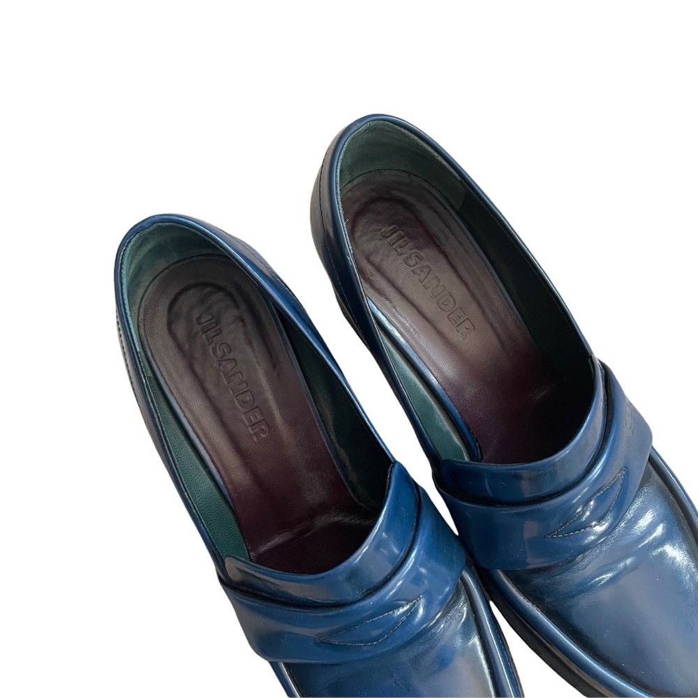 Jil Sander Blue Leather Block Heeled Loafers - Picture 9 of 14